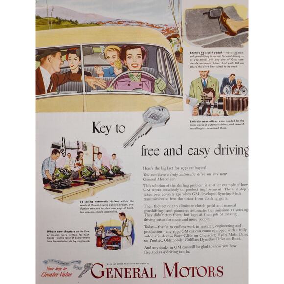 1950 General Motors GM Smiling Woman Driving Yellow Sedan "Key" Vtg Print‎ Ad - Picture 1 of 6